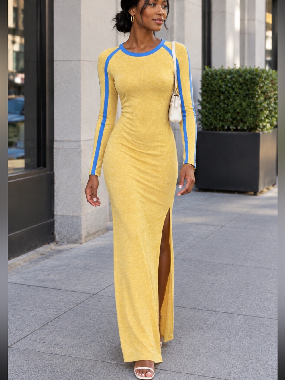Yellow Maxi Dress with Blue Trim - Long Sleeve Side Slit